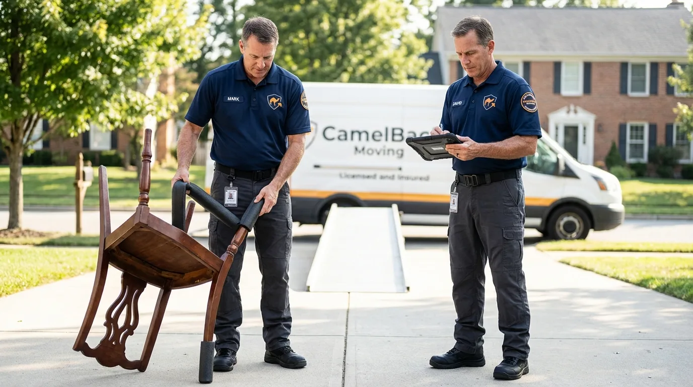 Movers inspecting furniture for damage prevention before loading in Lake Katrine, NY
